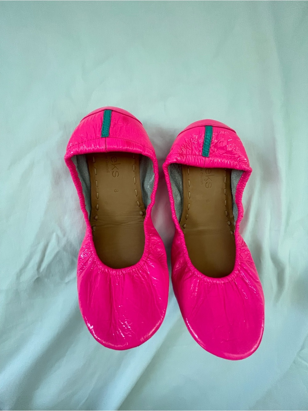 Tieks Hot Pink Patent Ballet Flats with Teal Tab